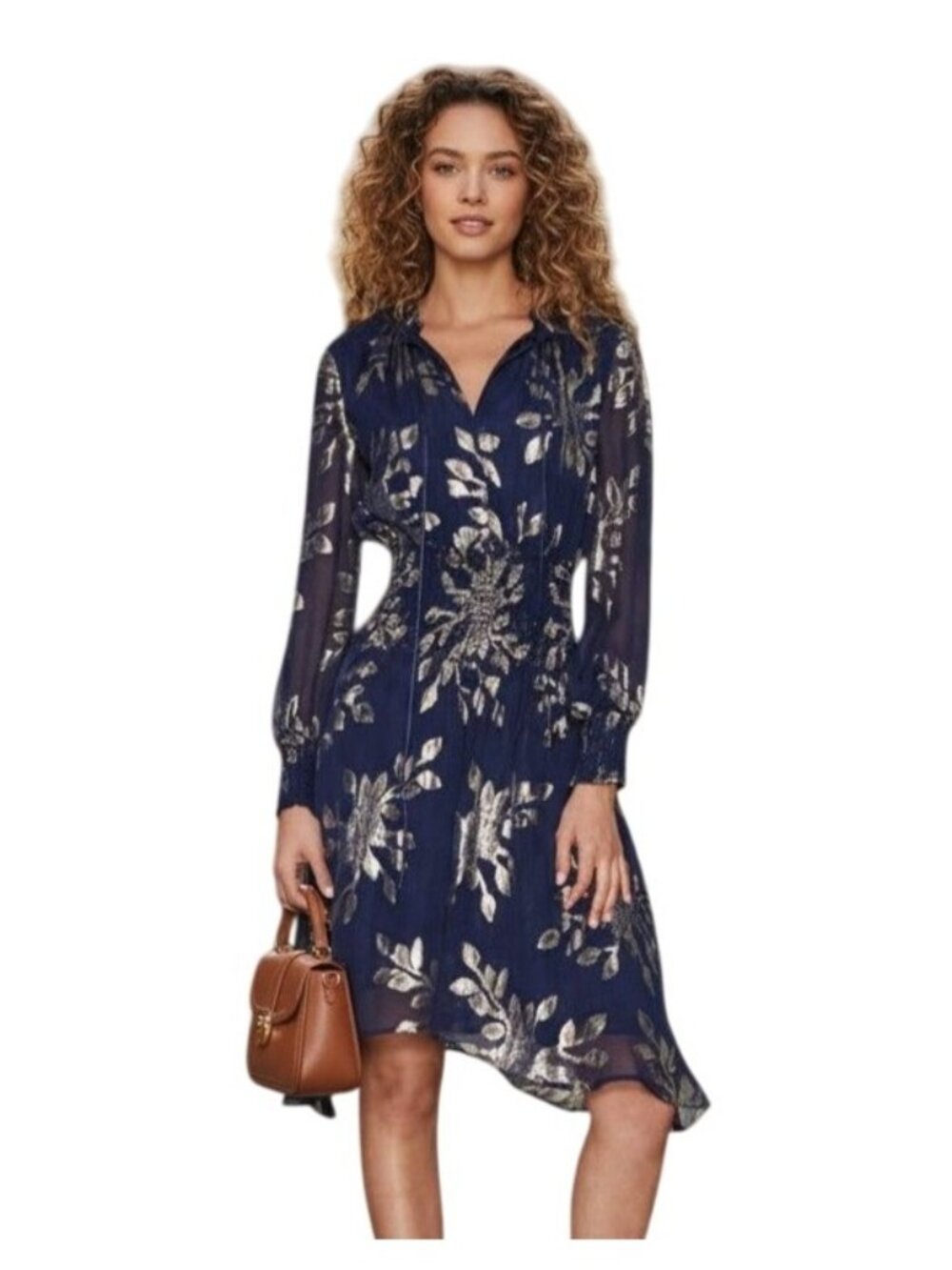 DELFI Collective Rochelle Dress Navy Blue Metallic Silk Bishop Sleeve Mini NWT -